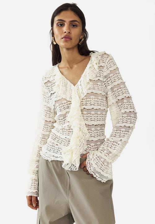 H&M - Lace-look jersey blouse - cream