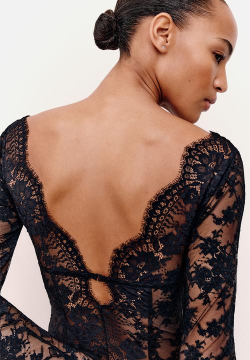 H&M - Long-sleeved lace thong body - black