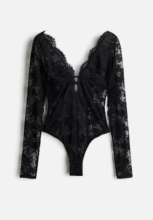 H&M - Long-sleeved lace thong body - black