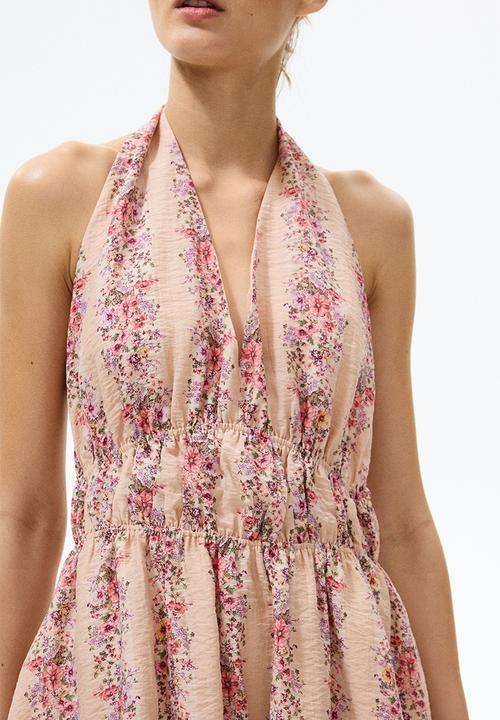 H&M - Flared-skirt halterneck dress - light dusty pink/floral