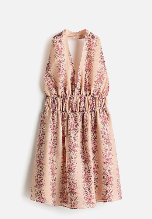 H&M - Flared-skirt halterneck dress - light dusty pink/floral