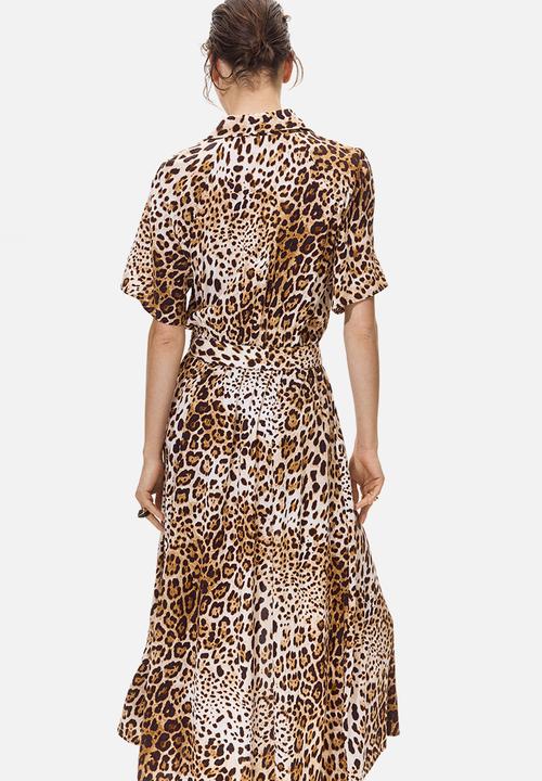 H&M - Tie-belt shirt dress - light beige/leopard print