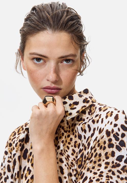H&M - Tie-belt shirt dress - light beige/leopard print