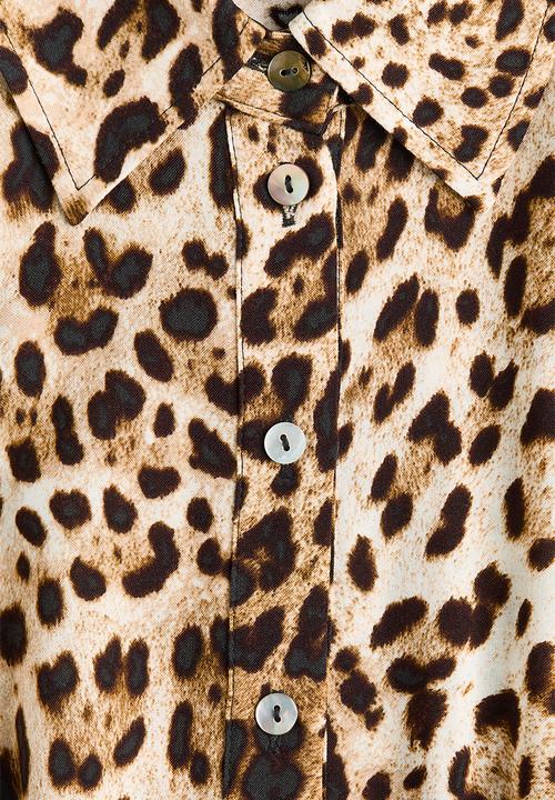 H&M - Tie-belt shirt dress - light beige/leopard print