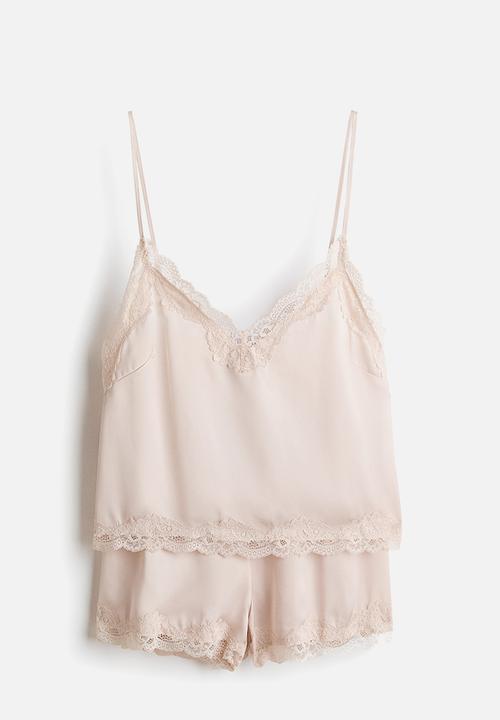 H&M - Lace-trimmed satin pyjamas - light beige
