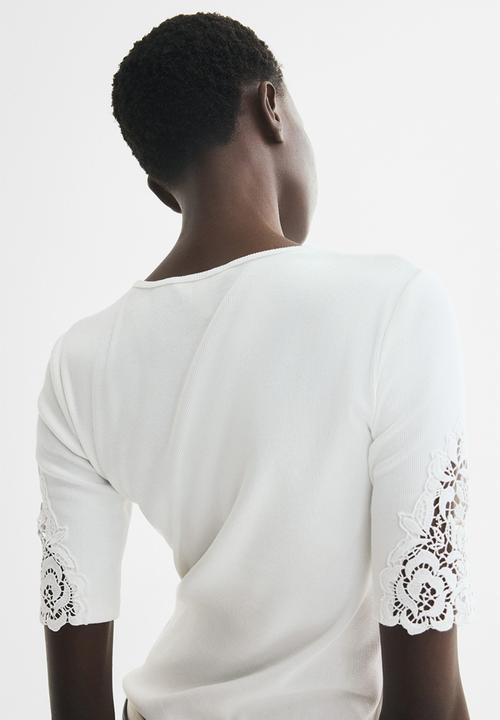 H&M - Ribbed lace-inset top - white