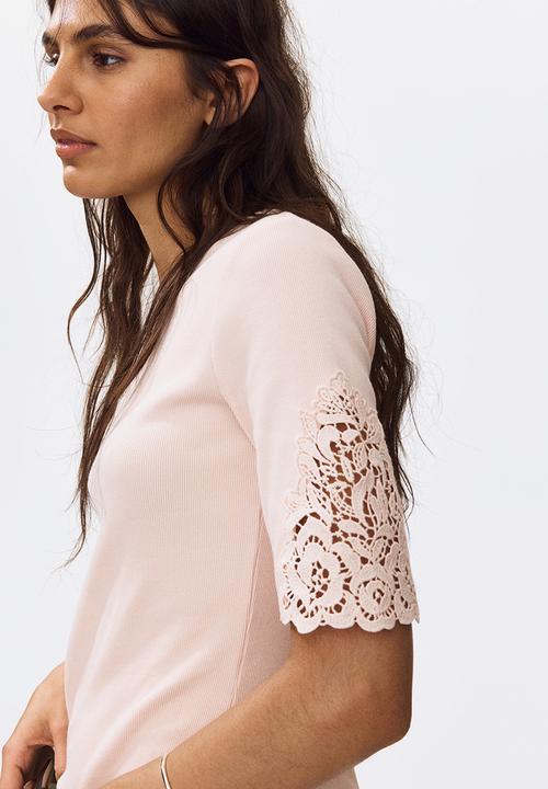 H&M - Ribbed lace-inset top - light pink