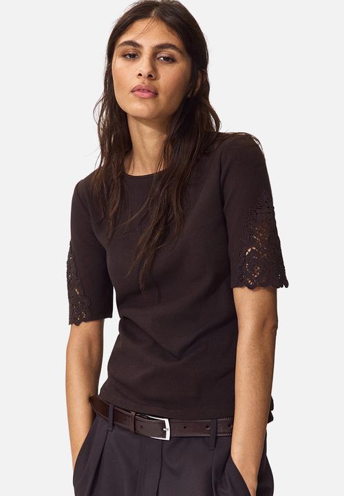 H&M - Ribbed lace-inset top - dark brown