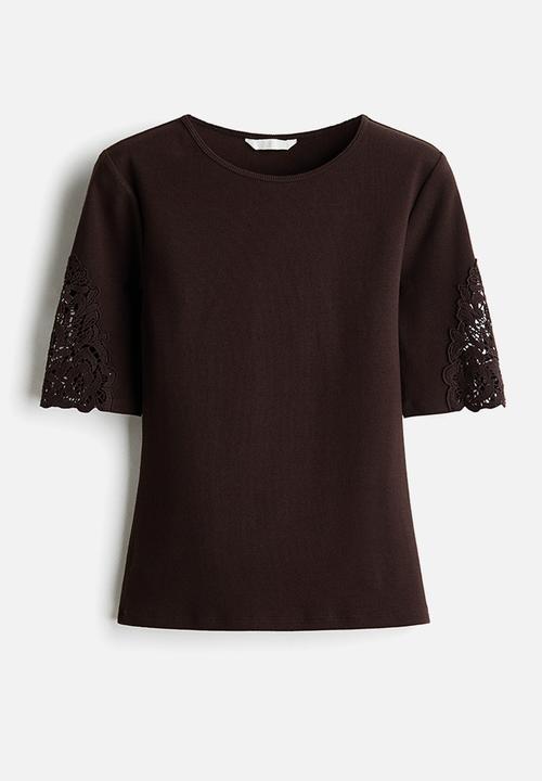 H&M - Ribbed lace-inset top - dark brown