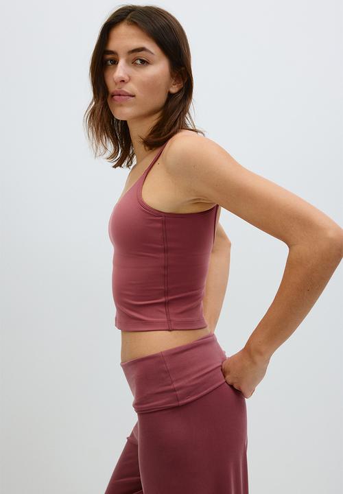 H&M - Foldover-waist yoga trousers - light maroon