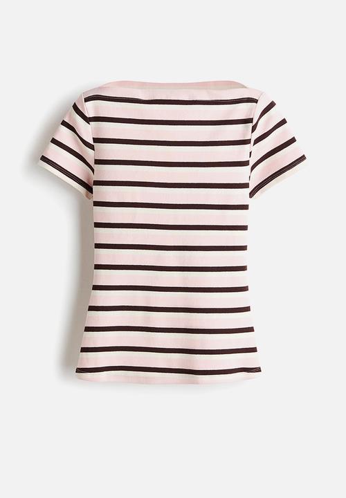 H&M - Boat-neck cotton top - light pink/striped