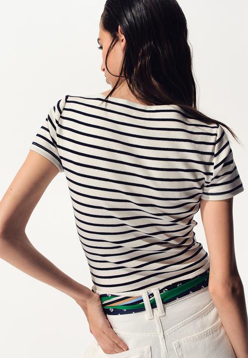 H&M - Boat-neck cotton top - navy blue/striped