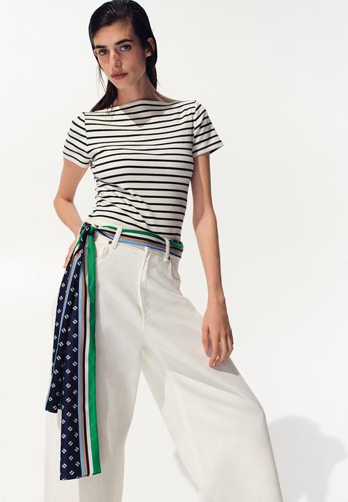 H&M - Boat-neck cotton top - navy blue/striped