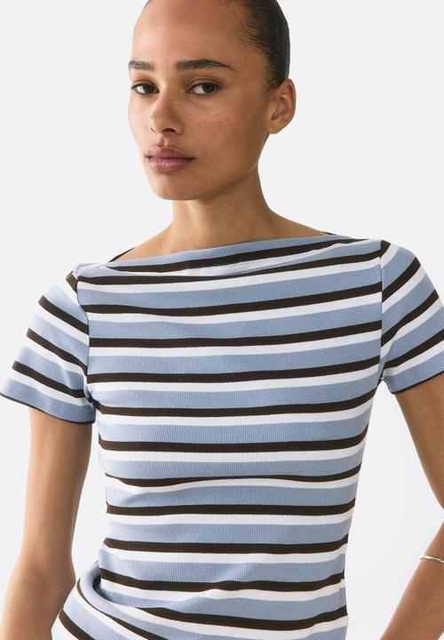 H&M - Boat-neck cotton top - light blue/striped