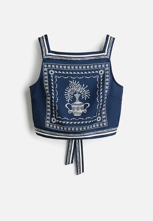 H&M - Cropped printed top - dark blue/flower