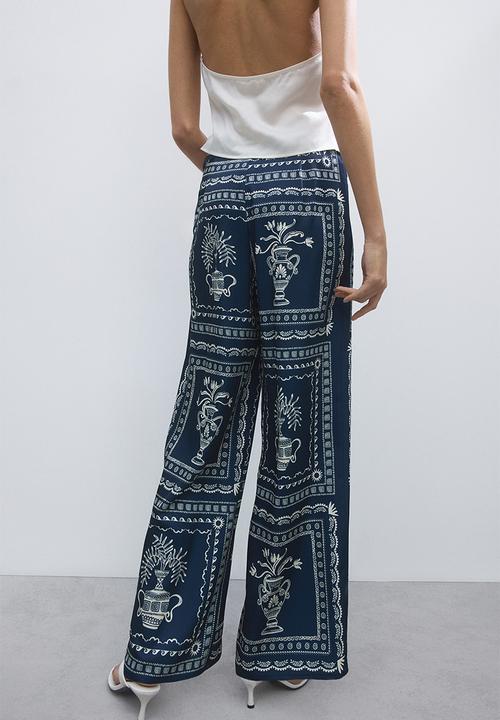 H&M - Printed tie-detail trousers - dark blue/flowers