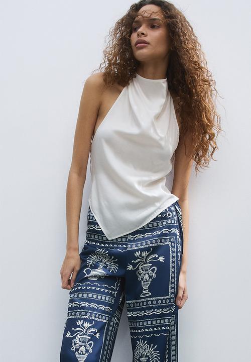 H&M - Printed tie-detail trousers - dark blue/flowers