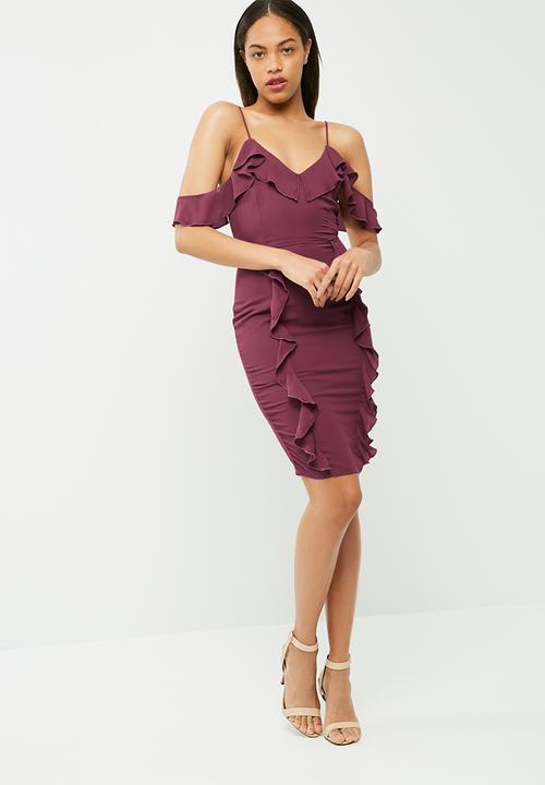 Crepe frill cold shoulder midi dress - burgundy