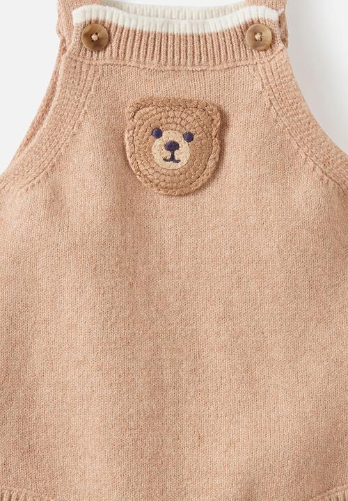 Cotton On - Baby Organic Blend Knit Bubbysuit - Caramel Fudge Marle/Crochet Bear