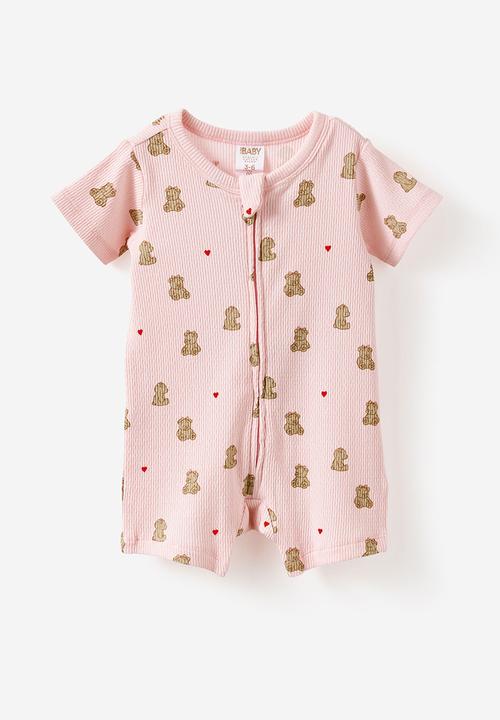 Cotton On - 2 Pack Littlie Organic Short Sleeve Zip Romper - Pop Pink Bear Heart & Varsity Red Bear Stripe