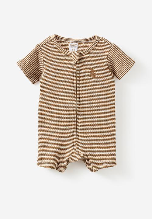 Cotton On - 2 Pack Littlie Organic Short Sleeve Zip Romper - Milk Bear Star & Caramel Fudge Bear Stripe