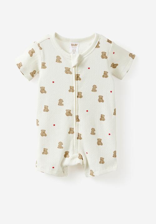 Cotton On - 2 Pack Littlie Organic Short Sleeve Zip Romper - Milk Bear Star & Caramel Fudge Bear Stripe