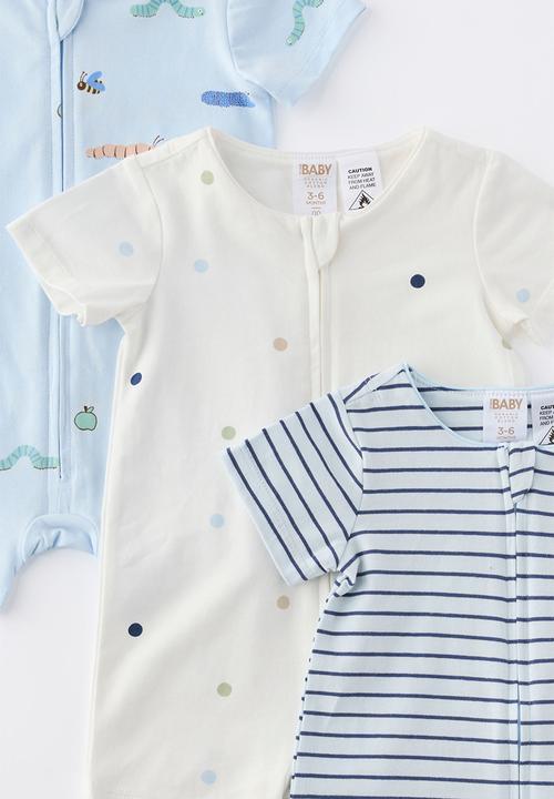 Cotton On - The 3Pk Short Sleeve Zip Romper - Blue Whisper/Garden Bugs