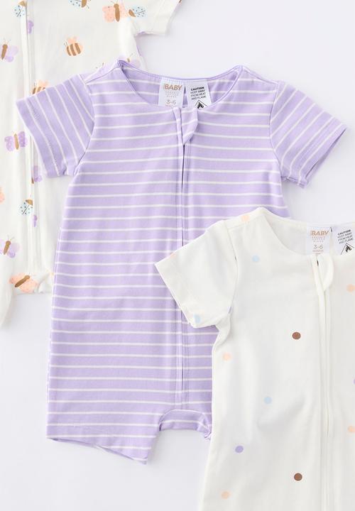 Cotton On - The 3Pk Short Sleeve Zip Romper - Vanilla-Purple Hue/Butterflies