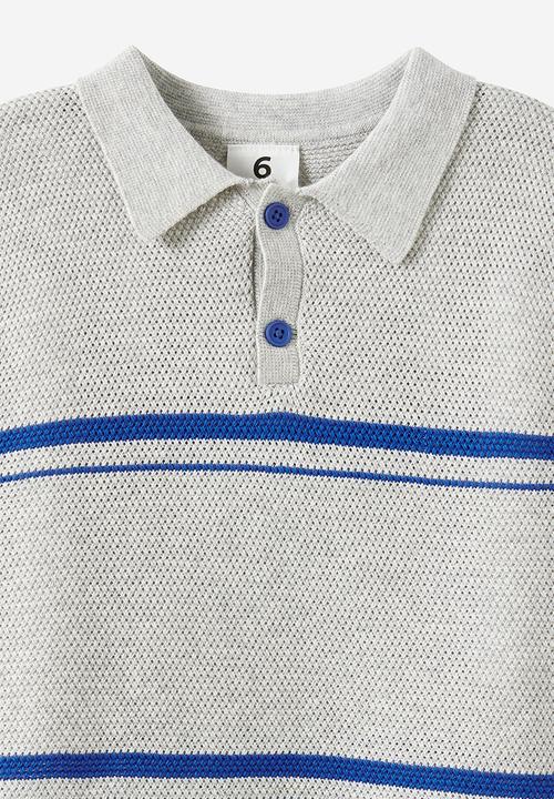 Cotton On - Open Neck Polo - Grey Marle/Harbour Blue Stripe
