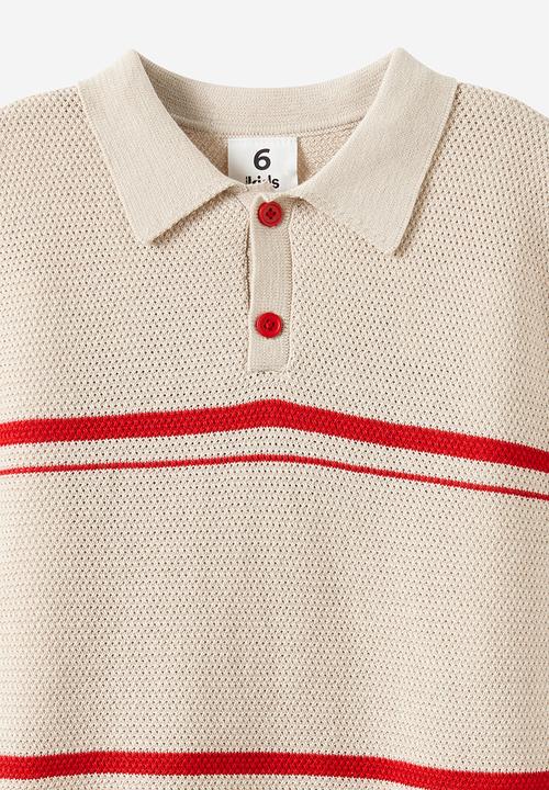 Cotton On - Open Neck Polo - Rainy Day/Varsity Red Stripe