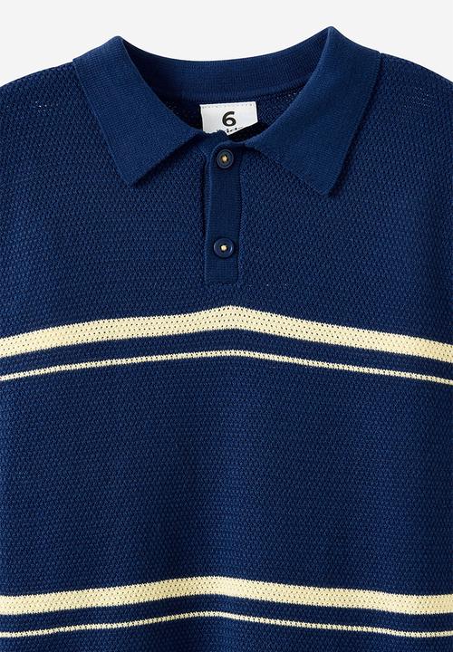 Cotton On - Open Neck Polo - Denim Navy/Baby Yellow Stripe