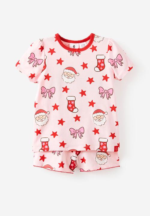 Cotton On - Dreamdrift Puff Sleeve Short Sleeve Pj Set - Ballet Pink/Santa Glow