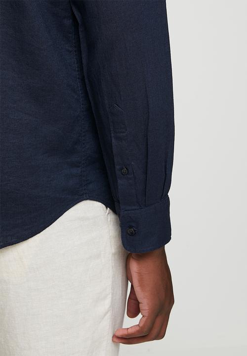 POLO - MENS LS PLAIN LINEN BLEND SHIRT - Navy