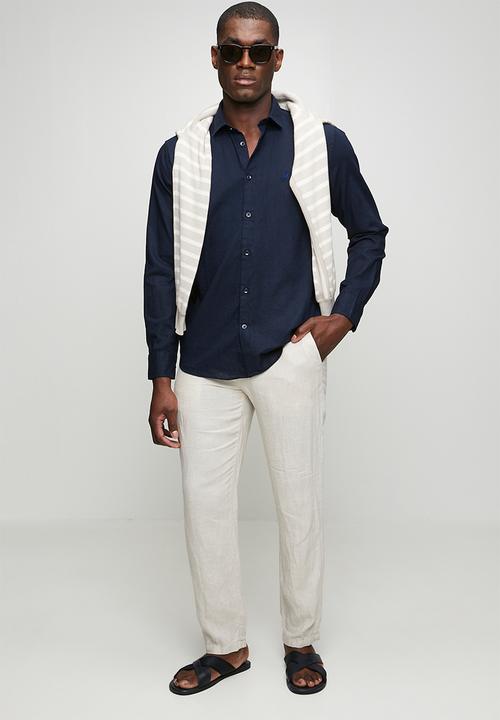 POLO - MENS LS PLAIN LINEN BLEND SHIRT - Navy