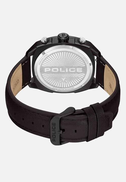 Police - Ip Blk Case Brown Leather Strap Silicone - Blue
