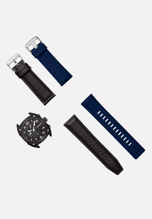 Police - Ip Blk Case Brown Leather Strap Silicone - Blue