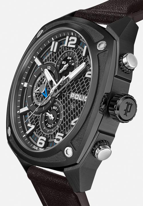 Police - Ip Blk Case Brown Leather Strap Silicone - Blue