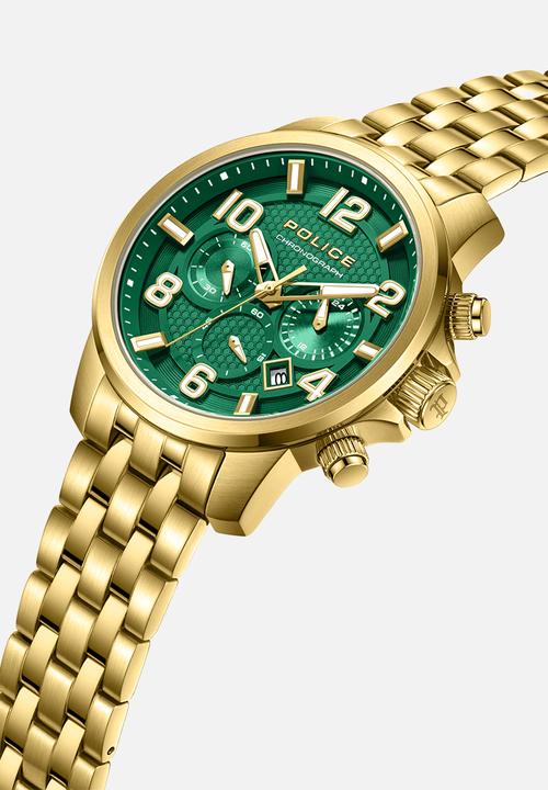 Police - Ip Gold Casr Green Dial Gold Steel Bracelet Strap - Gold