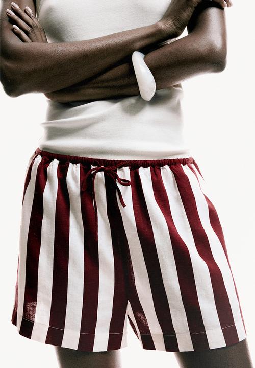 H&M - Linen-blend shorts - dark red/striped