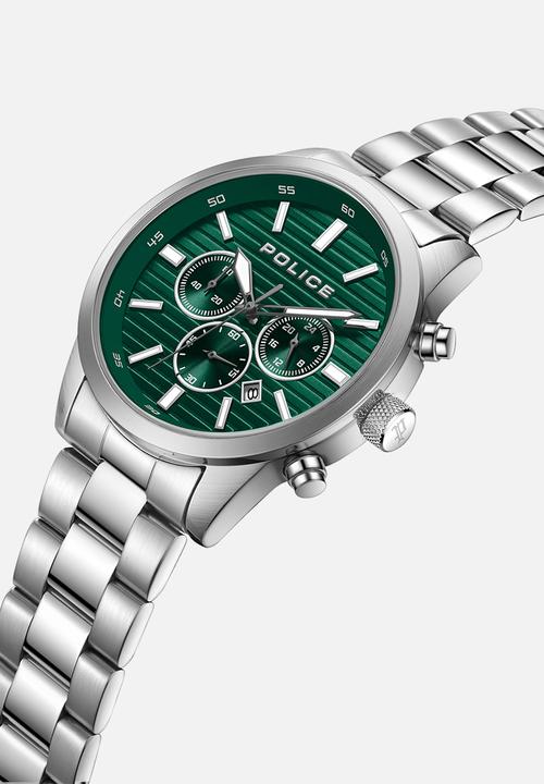 Police - Steel Case Green Dial Steel Strap - Silver