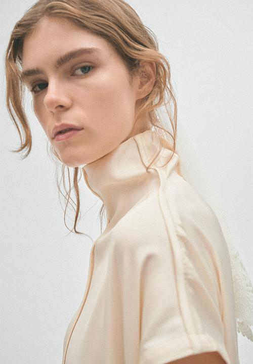 H&M - High-collar satin dress - light beige