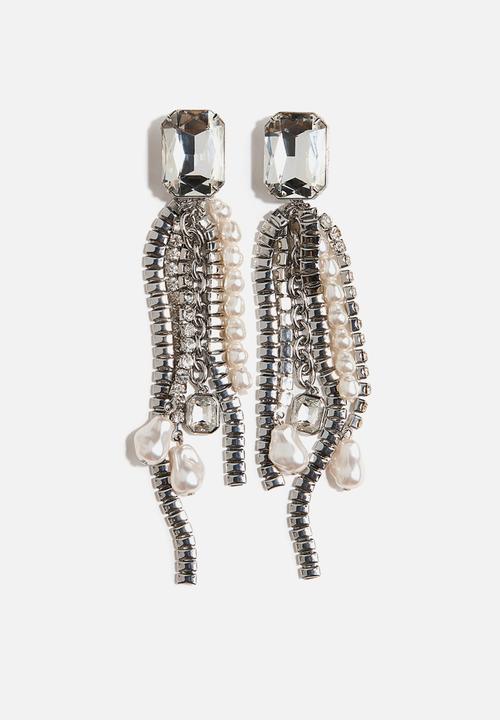 H&M - Long rhinestone clip earrings - silver-coloured/cream