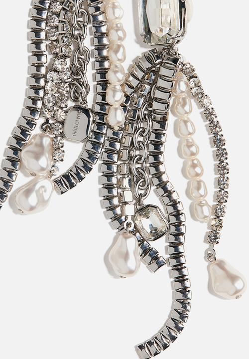 H&M - Long rhinestone clip earrings - silver-coloured/cream