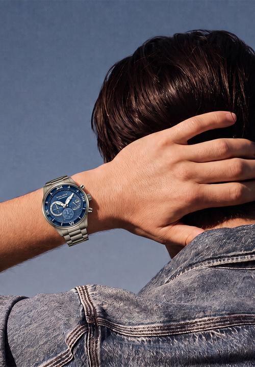 Police - Ip Gun Case Blue Dial Gun Steel Bracelet Strap -Gunmetal