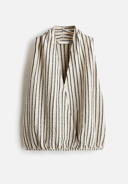 H&M - Crinkled v-neck top - light beige/striped