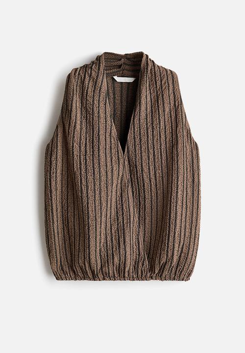 H&M - Crinkled v-neck top - dark mole/striped