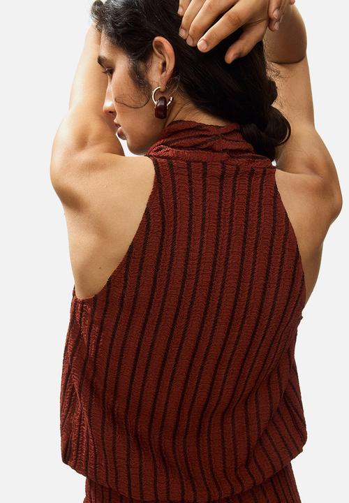 H&M - Crinkled v-neck top - rust brown/striped