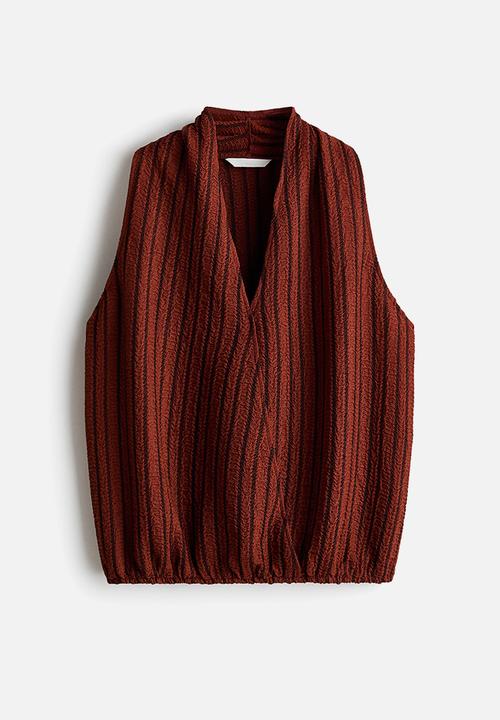 H&M - Crinkled v-neck top - rust brown/striped
