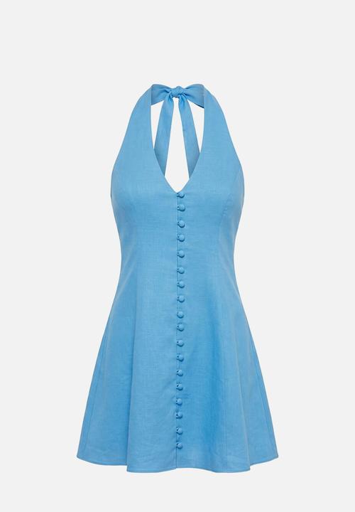 Forever New - Ina button front halter mini dress in blue lemonade