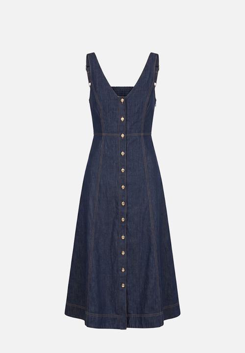 Forever New - Anna v neck chambray midi dress in dark indigo chambray